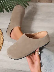 Women's Birkken Style Slip-On Sandals, Fashionable Round Toe Design, Soft PU Leather Upper, Rubber Sole, Casual Fall & Winter Footwear