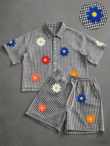 Unisex Blue- Plaid 3D Daisy Embroidery Two-Piece Set, Y2K Sweet Cool Aesthetic, Casual Short Sleeve Shirt & Drawstring Shorts, Summer