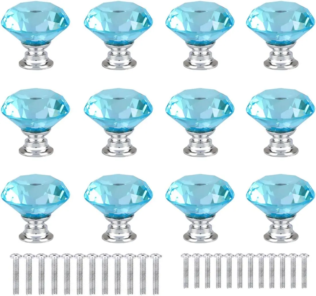 12 Pcs 30mm Diamond Shape Crystal Glass Cabinet Knobs with Screws Drawer Knob Pull Handle Ud for Kitchen, Dresr, Door, Cupboard