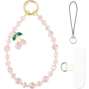 Phone Charm Wrist Strap Beaded Phone Bracelet Strap for Women Wristlet Chain for Cellphone Camera Pink Cherry