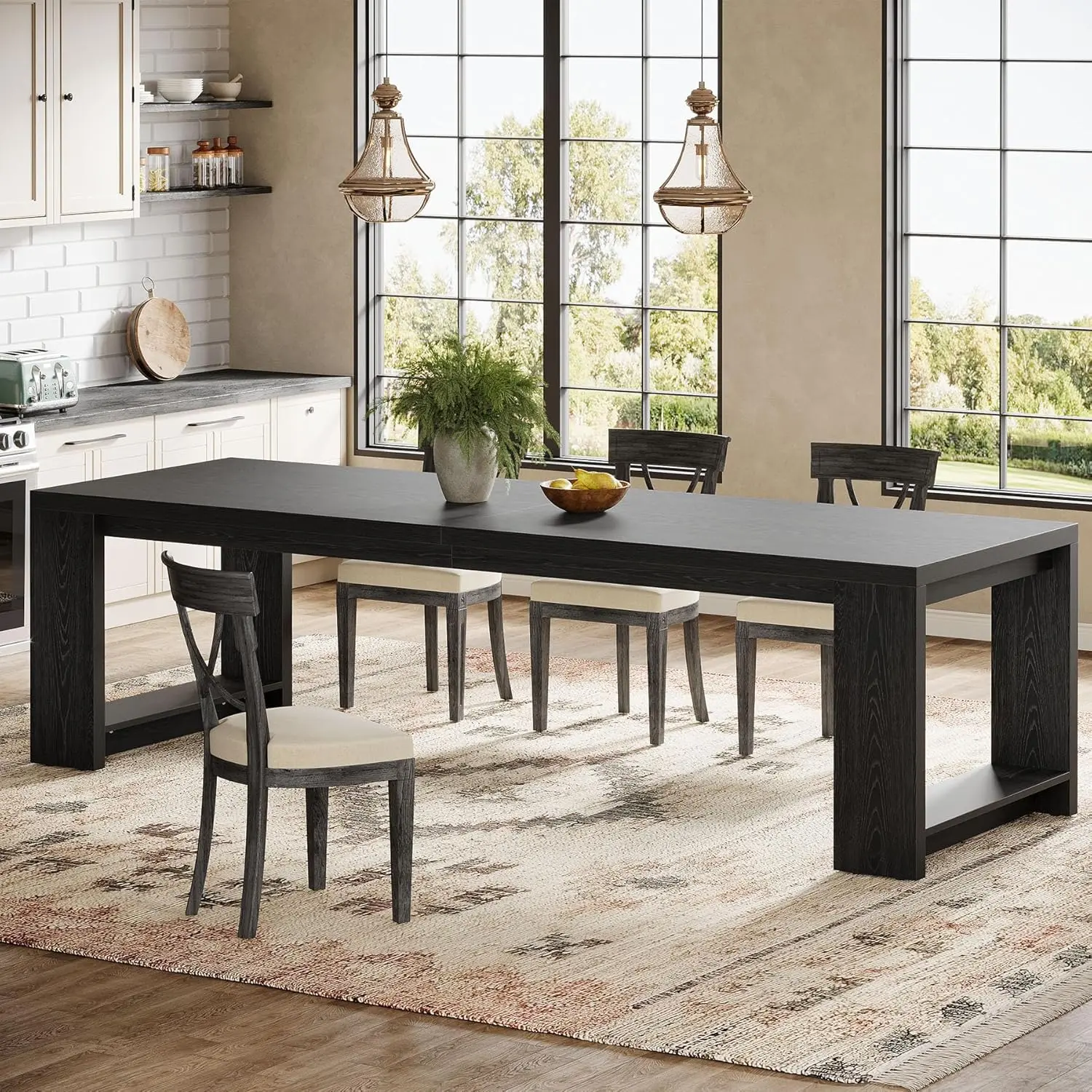LITTLE TREE 86.61-Inch Dining Table for 6-8 People, Modern Narrow Long Kitchen Table with Pedestal Base, Farmhouse Extra Long Rectangular Dining Room Furniture, 27.56 x 86.61 x 29.53 Inches, Black
