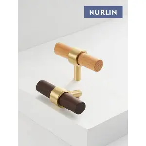 Nurlin Brass Natural Walnut Beech Wood Kitchen Furniture Handle American Nordic Style Drawer Wardrobe Pull T Bar