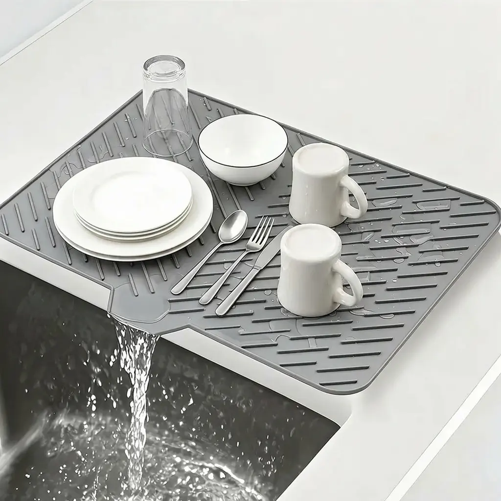 Silicone Large Size Dish Drying Mat (23"x17") – Kitchen Sink Tray, Sloped Self Draining Board Countertop Protector, Heat Resistant Trivet, Dishwasher Safe Water Splash Guard, Non-Slip Drying Pad