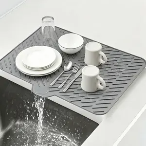 Large Silicone Dish Drying Mat with Drain Lip - 23" x 17" Large Kitchen Sink Tray - Heat Resistant Countertop Protector - Self-Draining Board - Grey & Black Options - Non-Slip & Dishwasher Safe