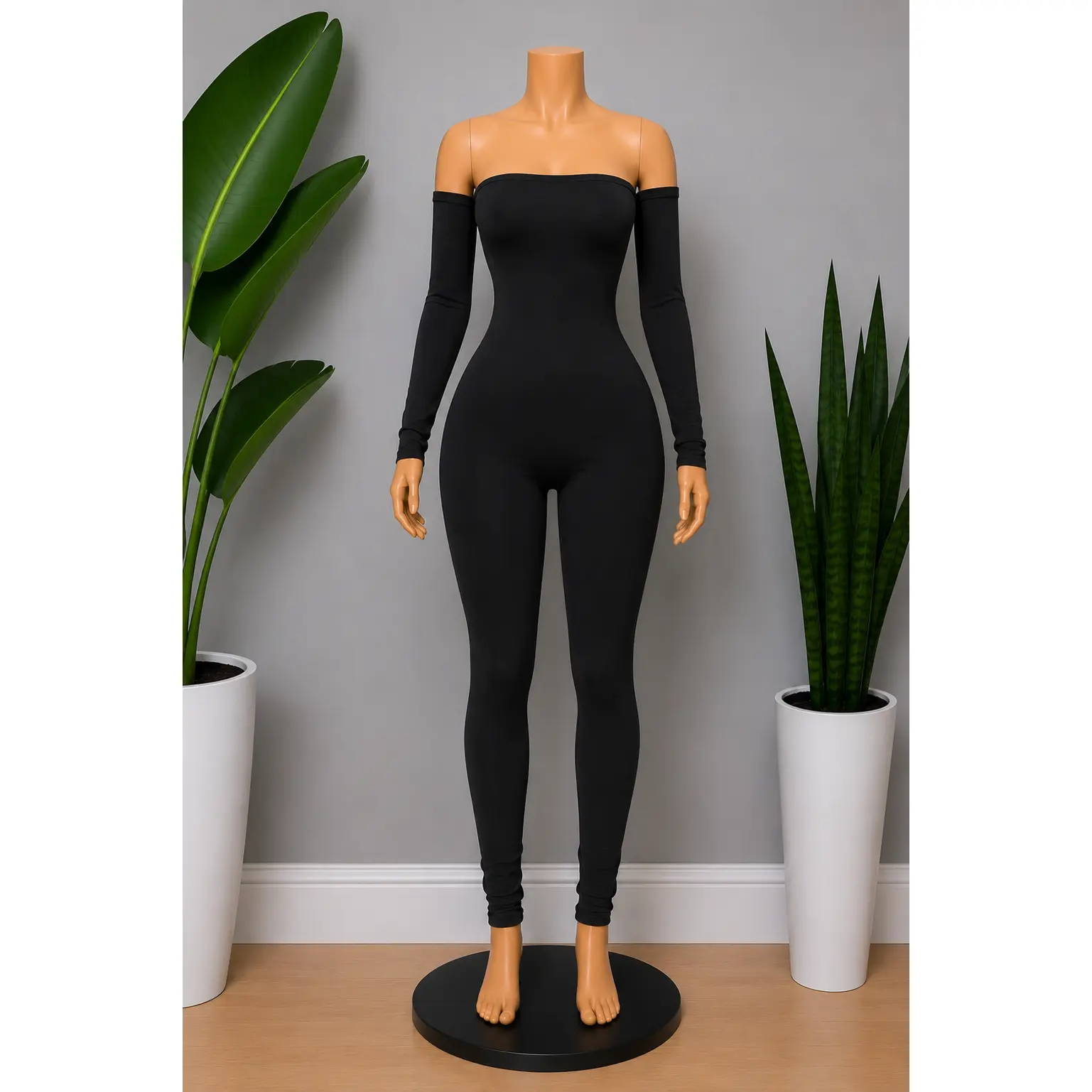 Off-Shoulder Leotard Playsuit - Black or Gray