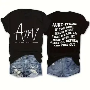 Women's Cotton T-Shirt - Aunt-itude Funny Double-Sided, Casual, Lightweight, Elegant, Denim-Accentuated for Aunt-Niece/Nephew Birthday Gifting