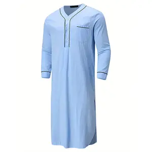 [Long Sleeves Nightshirt with Pockets] Men Nightgown Solid Color Loose Saudi Arab Long Sleeves Nightshirt Kaftan Dubai Robe with Pockets Sleepwear