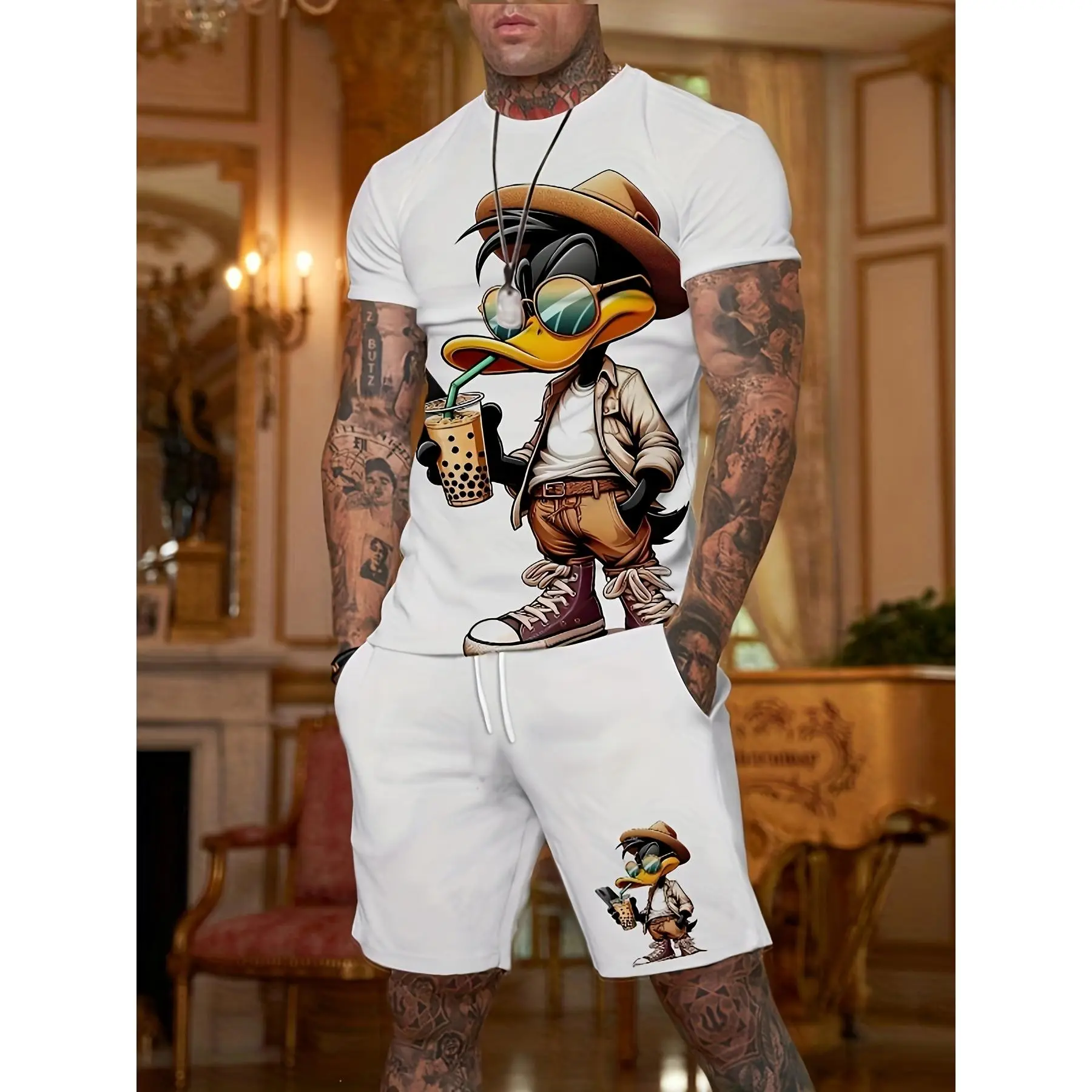 [Retro Duck Print Set] A retro style Men's casual summer set, made of slightly stretchy polyester knit fabric, featuring a round neck T-shirt and shorts set with a unique duck print design.