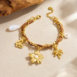 Boho Floral Charm Bracelet | 18K Gold Plated | Pearl Drop & Leather Chain | Trendy Vintage Aesthetic Jewelry for Daily & Festival Looks | Perfect for Classy & Elegant Women