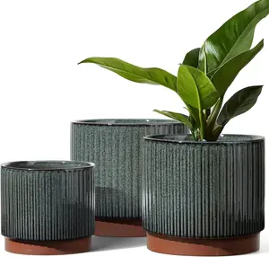 Set of 3 Ceramic Plant Pots with Drainage Holes, 8", 6.7", and 5.5" Stripe Garden Planters for Indoor and Outdoor Plants, Round Succulent and Orchid Flower Pots, Reactive Glaze Black Finish
