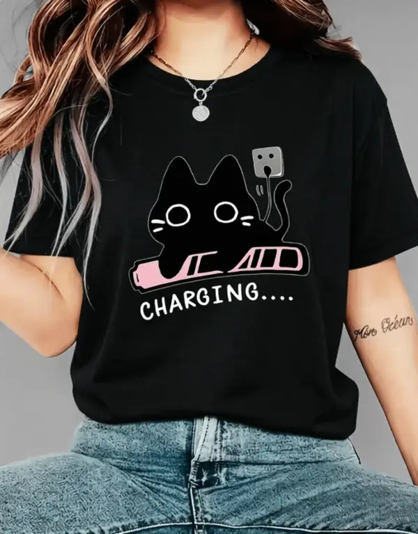Charging Cat Battery Kawaii Cartoon Unisex Loose Tshirt Daily Street Shoot Breathable Cotton Tee Cute Kitty Graphic Heat Transfer Tshirt