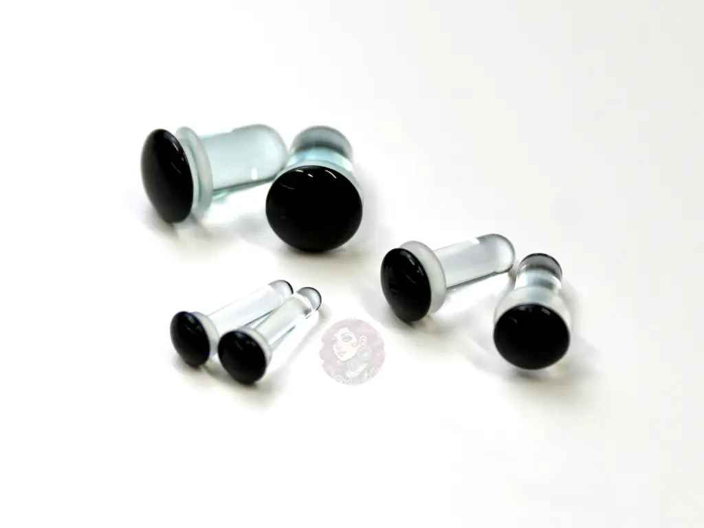 Black Glass Single Flare Body Piercing Plugs, Pair or Kit - Sizes 1.6mm (14g) to 10mm (00g), Body Piercings