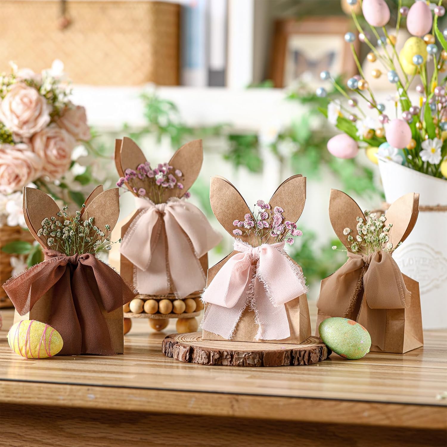 24/48 Pcs Boho Bow Easter Goodie Bags Bunny Paper Bags DIY Bunny Gift Boxes with Neutral Bow Ribbon Artificial Flower Rabbit Ear Treat Bags for Student Teacher Office Employee Coworker,School Classroom Table Decorations,Spring Birthday Wedding Party Favor