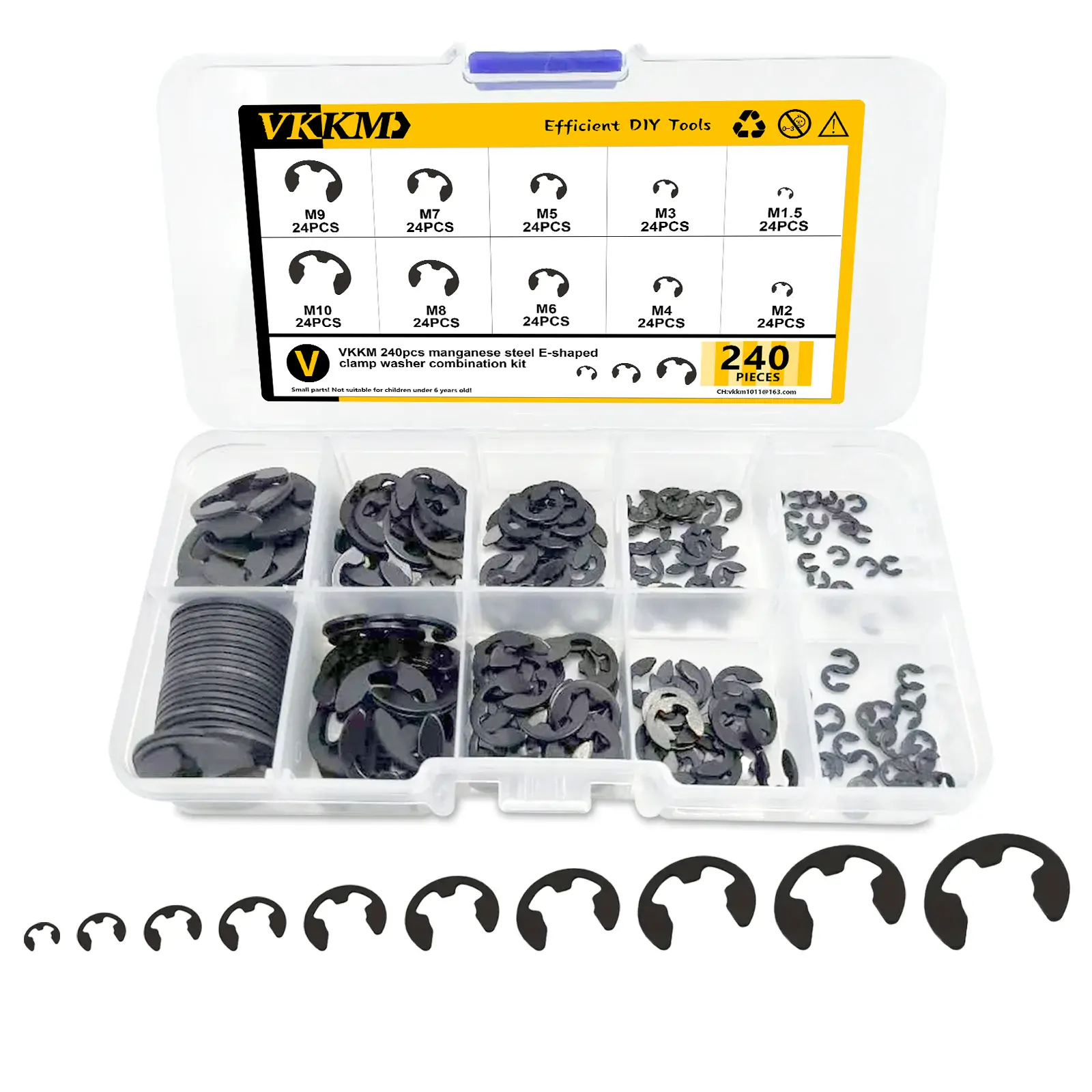VKKM 240Pcs Manganese Steel E-Clip Retaining Rings Kit, 10 Sizes M1.5-M10 E Type Circlips Snap Rings for Automotive Machinery Mechanical Repair