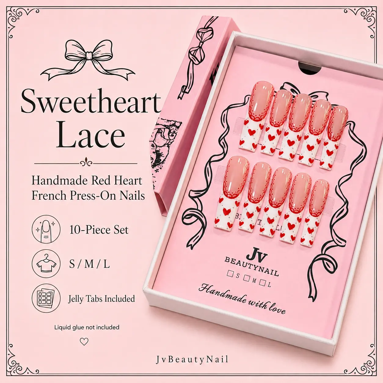JvBeautyNail 10-PC Handmade Glossy Press On Nail Kit - Elongated Coffin Nail Tips with Red Heart, Lace Bow, Coquette-Inspired Design for Party Wear, S-M-L Sizes Easy Styling