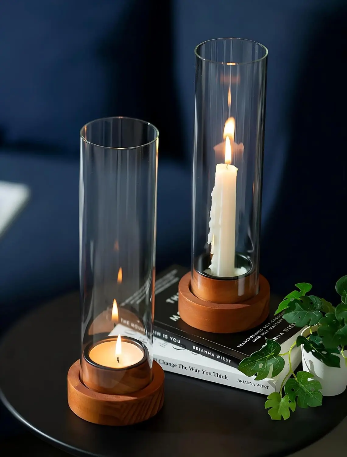 Brown Modern Wooden Dripless Hurricane Candle Holders (Set of 2) - Removable Glass & Wood Holders with Metal Bobeches Wax Catcher, Wax-Saving Design, Synthetic Components, No Taller Than 10 Inches, Indoor Home Decor Table Centerpiece, Outdoors, Wick, 2.3