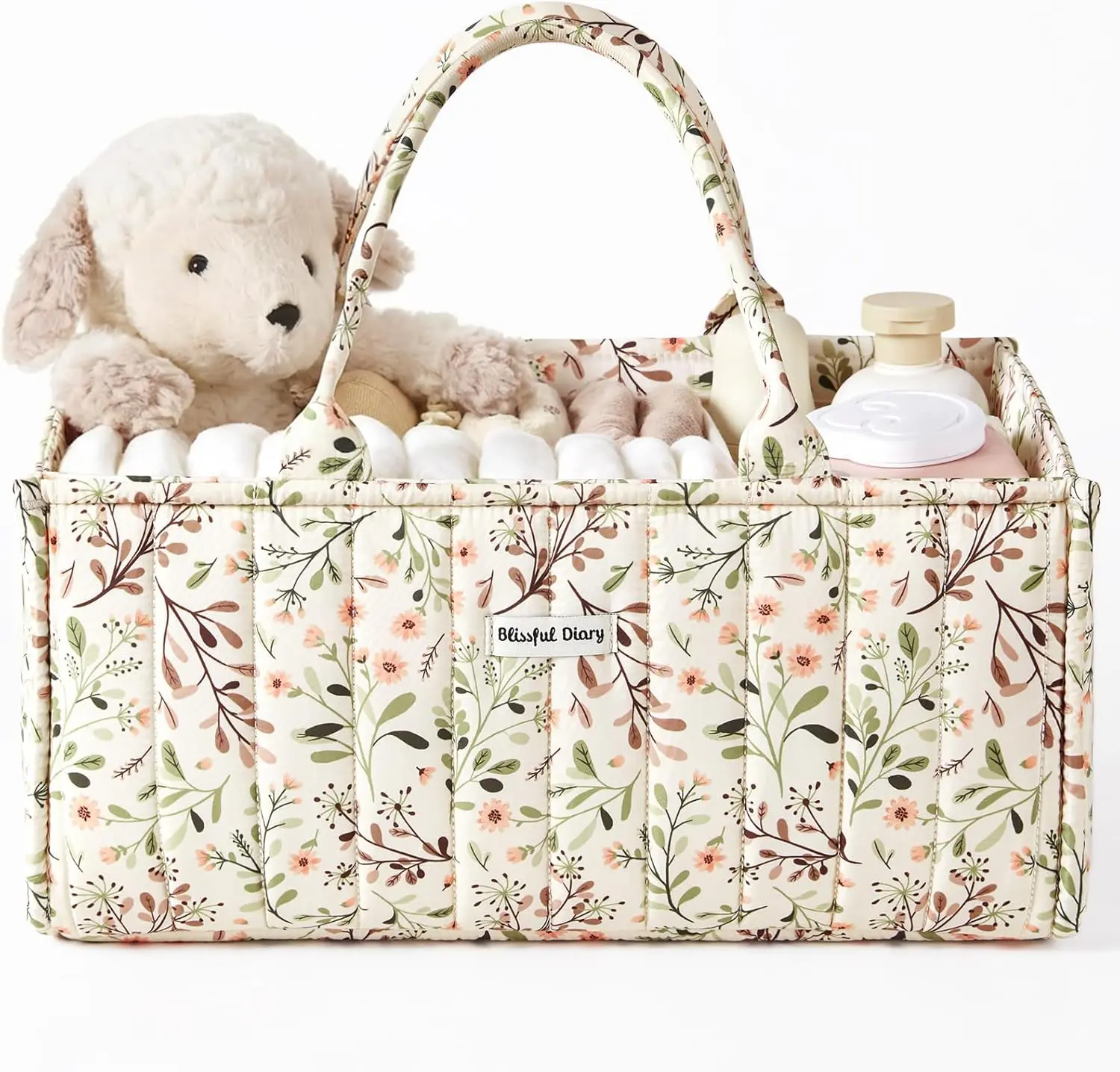 Floral Diaper Caddy Organizer with Removable Dividers & Handles, Portable Nursery Storage Basket for Baby Essentials & Diapers