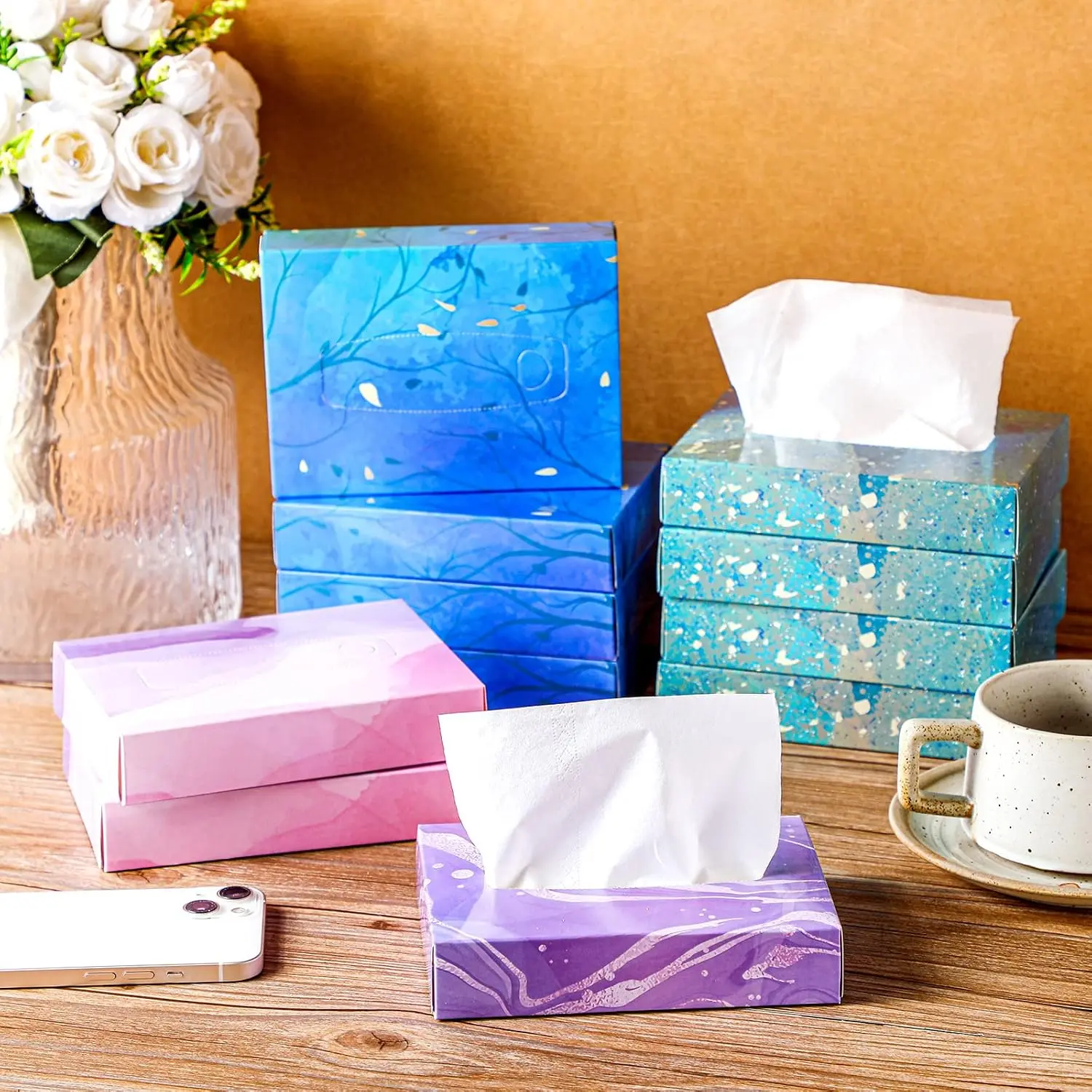 24 Packs 960 Sheets Tissue Cube Car Facial Boxes Disposable Facial Travel Tissues Holder Soft Watercolor Boxes 2 Ply 40 Sheets for Wedding Household Car Kitchen Bathroom(Stylish)