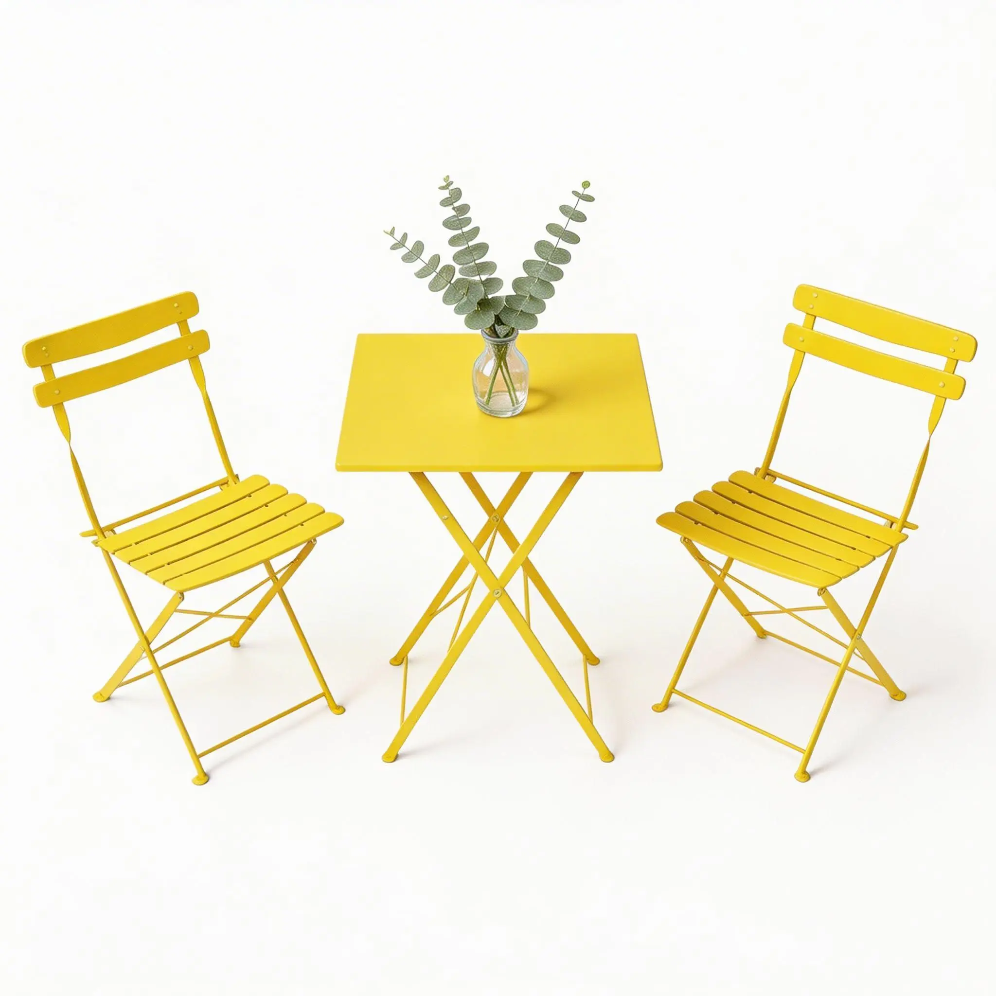 GARVEE 3 Piece Foldable Patio Bistro Set, Outdoor/Indoor Metal Table and Chairs Furniture, Compact Square Table with 2 Folding Chairs for Balcony, Porch, Garden, Apartment, Small Space, Yellow