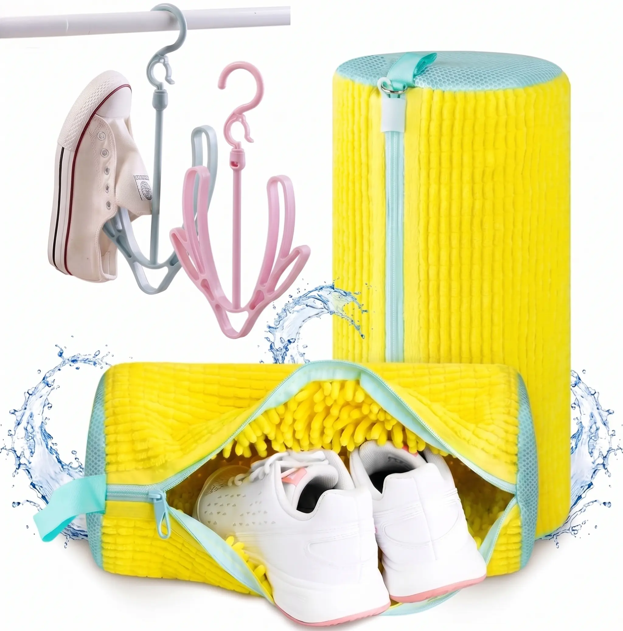 2 Shoe Washing Machine Bags Plus 2 Shoe Drying Racks– Reusable Sneaker Laundry Bags for Washer & Dryer, Sturdy Zipper with Hook, 360° Clean for Tennis Shoes, Slippers – Includes 2 Yellow Shoe Dust Bags