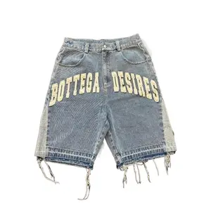 BOTTEGA DESIRES American Street Harajuku Retro Denim Shorts Mid Waist Knee Length Loose Casual Versatile Bottoms for Women & Men Jean Oversized with Letter Embroidery  Style Pocket Fit