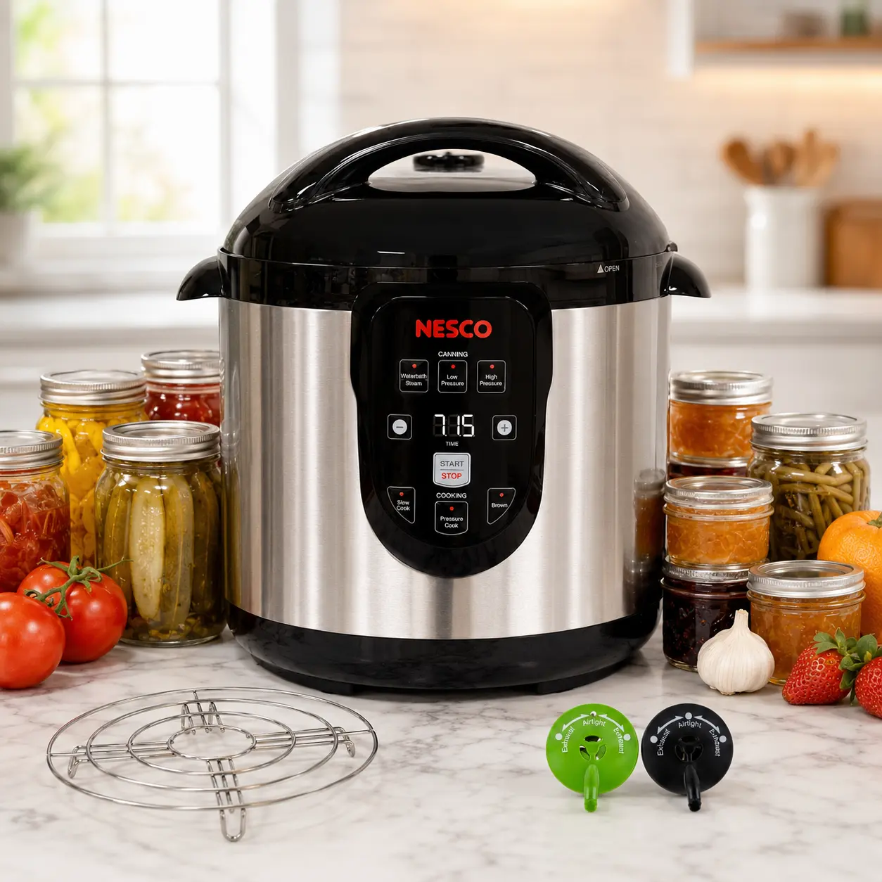 NESCO 9.5 Qt Digital Smart Canner & Pressure Cooker, Multi-Function Electric Canner with Slow Cook, Steam, Brown, Digital Timer & Canning Racks