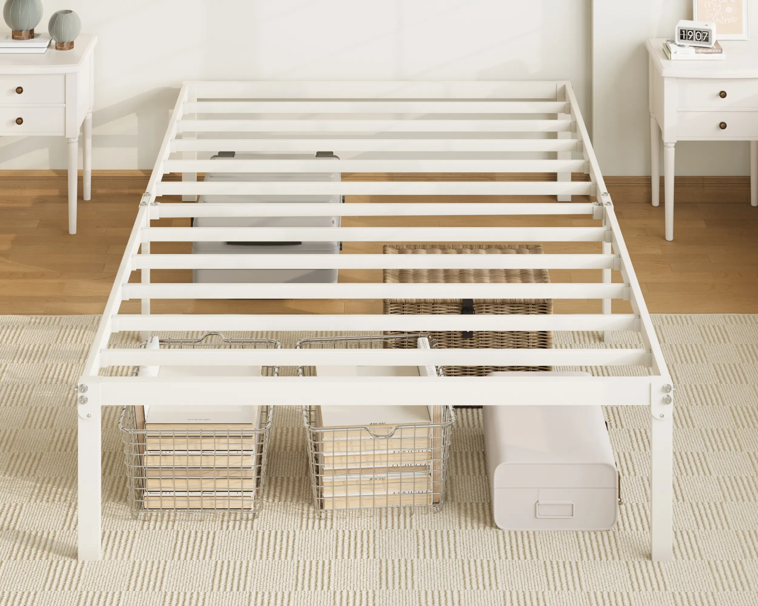 Allewie Twin Size Bed Frame, 14 inch Metal Platform Beds with Storage Space, No Box Spring Needed and Easy Assembly, White