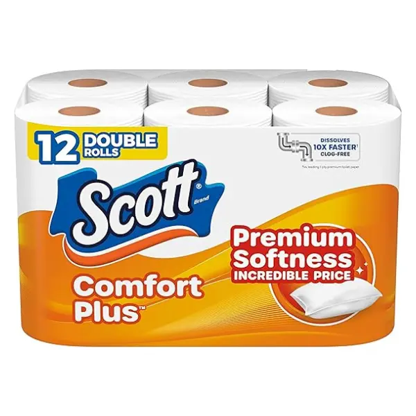 Scott ComfortPlus Toilet Paper, 12 Double Rolls, 231 Sheets per Roll, Septic-Safe, 1-Ply Toilet Tissue Wipes Kitchen