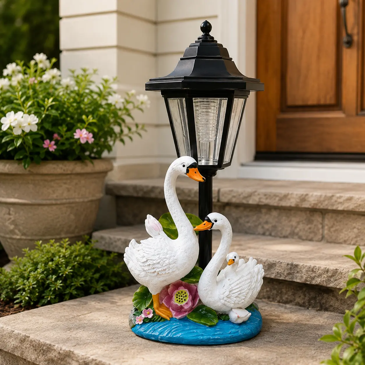 Outdoor Garden Decor Swan Statue with Black Lantern Post, for Home Landscaping and Exterior Decor