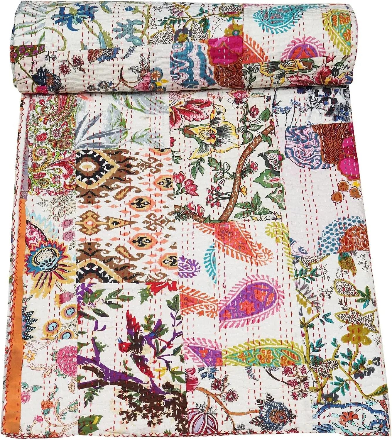 Marubhumi Quilts Indian Handmade Indian Traditional Blankets, Reversible, Paisley Print Vintage Kantha Quilt, Comforter, Pure Cotton Patchwork, Multicolor - Queen 90 x 108 Inches
