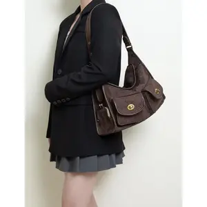 Women's Fashion Bag-Vintage Gold Plated Lock Multi-Pocket Single Shoulder Pillow Bag Retro Artistic Casual Wide Shoulder Strap Large haversack Bag Brown crossbody  bag