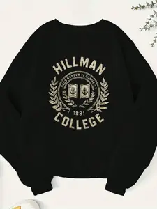 Hillman Women's College Style Logo Sweatshirt, Letter Graphic Print, Est1881 Design, Long Sleeve Round Neck Pullover, Fall & Winter Fashion