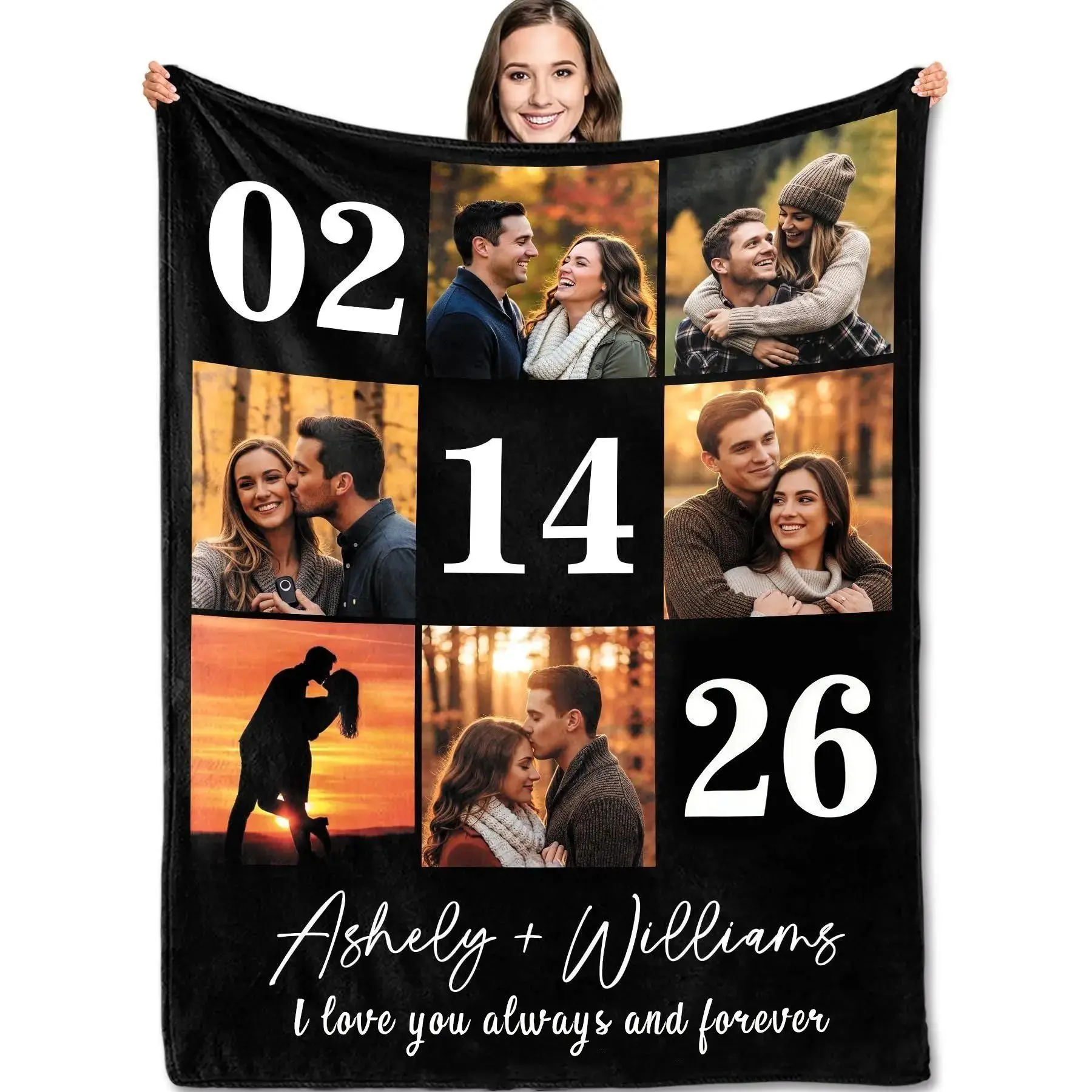 Custom Photo Collage Flannel Throw Blanket Personalized Names & Date Soft Cozy Fleece Blanket Romantic Memory Keepsake Warm Blanket for Couples Anniversary Valentine’s Day Gift