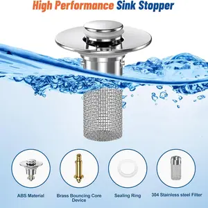 Stainless Steel Pop-Up Stopper with Hair Collector, Drain Filter and Removable, Replacement for Standard Bathroom Sink Stoppers