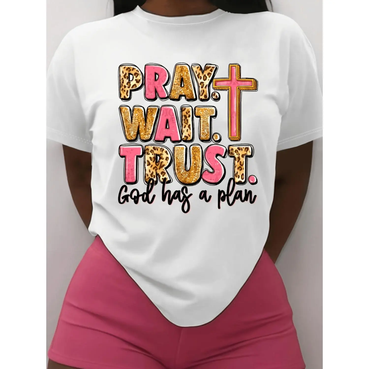 Women's "Pray. Wait. Trust. God Has a Plan" Inspirational T-Shirt - Casual Crew Neck, Short Sleeve, Soft Knit, Regular Fit, All-Season Wear, Machine Washable, Ladies T Shirts graphic teeUnisex graphic clothing