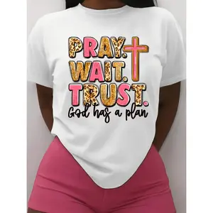 Women's "Pray. Wait. Trust. God Has a Plan" Inspirational T-Shirt - Casual Crew Neck, Short Sleeve, Soft Knit, Regular Fit, All-Season Wear, Machine Washable, Ladies T Shirts graphic tee