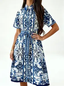 Summer Blue Porcelain Print Dress, Slim-Fitting Party Style, Polyester Fiber, Ideal for Daily Wear & Office