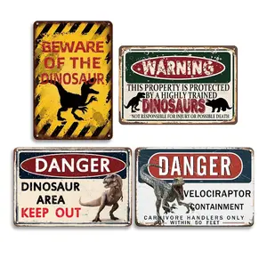 4pcs Metal Wall Art Decorative Signs & Plaques Beware Dinosaur Area Warning Tin Plate Painting Posters Dinosaur Theme For Teen Rooms Dinosaur Enthaustic Teen Boy's Room Pub Kitchen Man Cave Cafe Home Room Restaurant Decoration