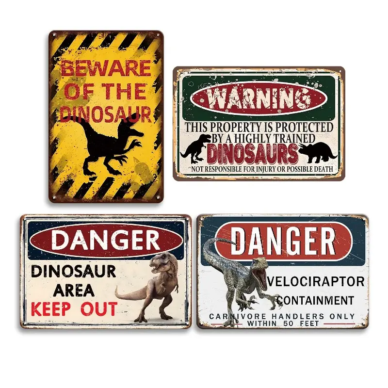 4pcs Metal Wall Art Decor Signs & Plaques Beware Dinosaur Warning Tin Plate Posters Dinosaur Theme For Teen Rooms, Pub, Kitchen, Cafe, Restaurant Decoration, Home Decor Products