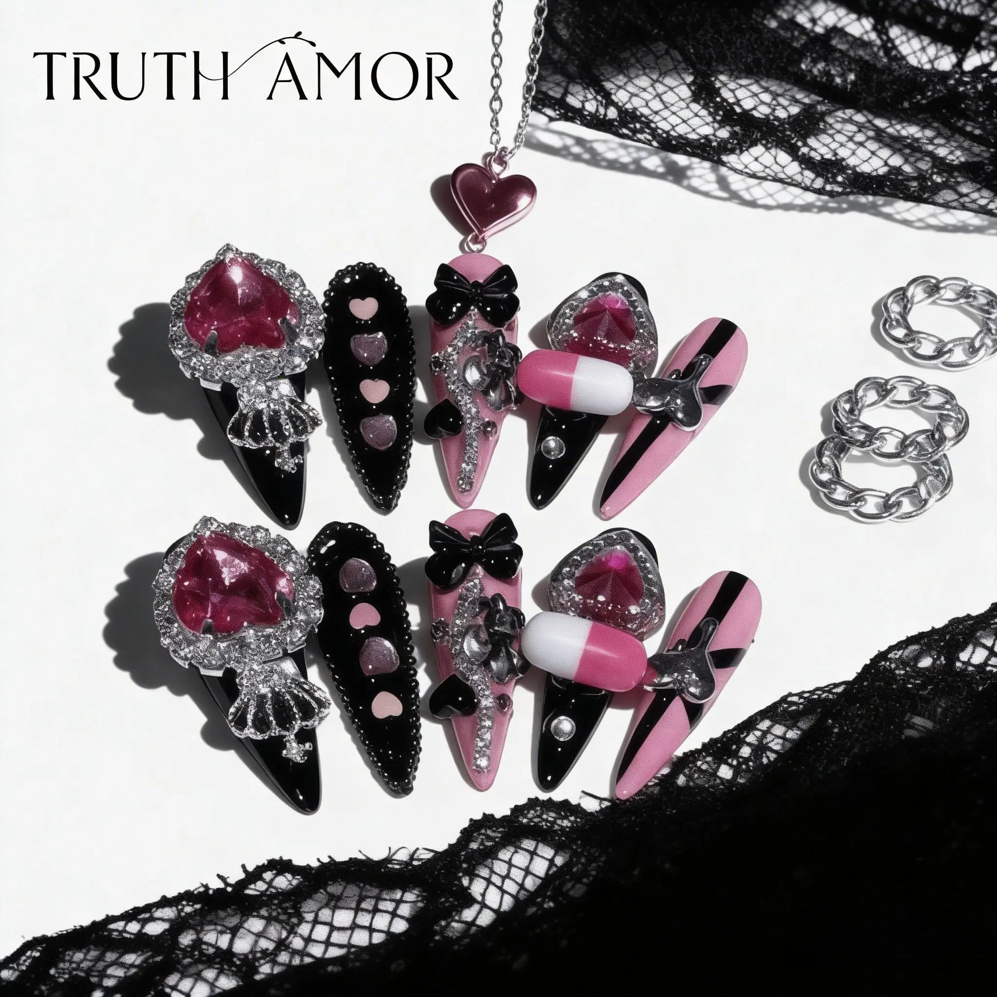 10-piece Set, TRUTH AMOR J-style "Jirai Kei" Y2K Girly Press-on Nails, Decorative Nails, Nail Art Design, Nail Designs, Black-Pink Sweetheart Gem & Punk Style Rhinestone Embellishments, Ultra-Thin & Removable, Suitable for Parties & Daily Wear