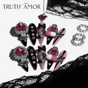 10pcs, TRUTH AMOR Mine-Style Y2K Hot Girl Press-On Nails, Pink-Black Sweetheart Gem, Rhinestone Decorated Heart, Glitter Rhinestones, Rhinestone Embellishments, Ultra-Thin & Removable, Perfect for Parties, Nightclubs, Music Festivals