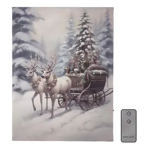 LumaBase Battery-Operated Lighted Wall Art Reindeer Sleigh Ride with LED Lights Christmas Tree Ornaments Artistic Canvas Print for Home Décor
