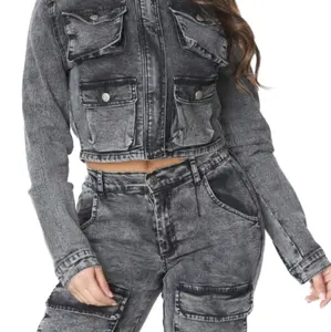 Grey Wash Cargo Jacket and Pants Set for Women - Womenswear, Clothing Comfort