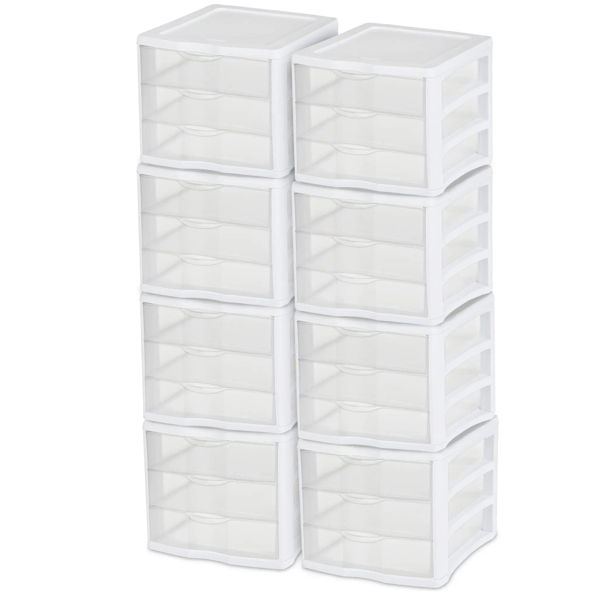 Sterilite ClearView Compact Stacking 3 Drawer Storage Organizer System, (8 Pack)