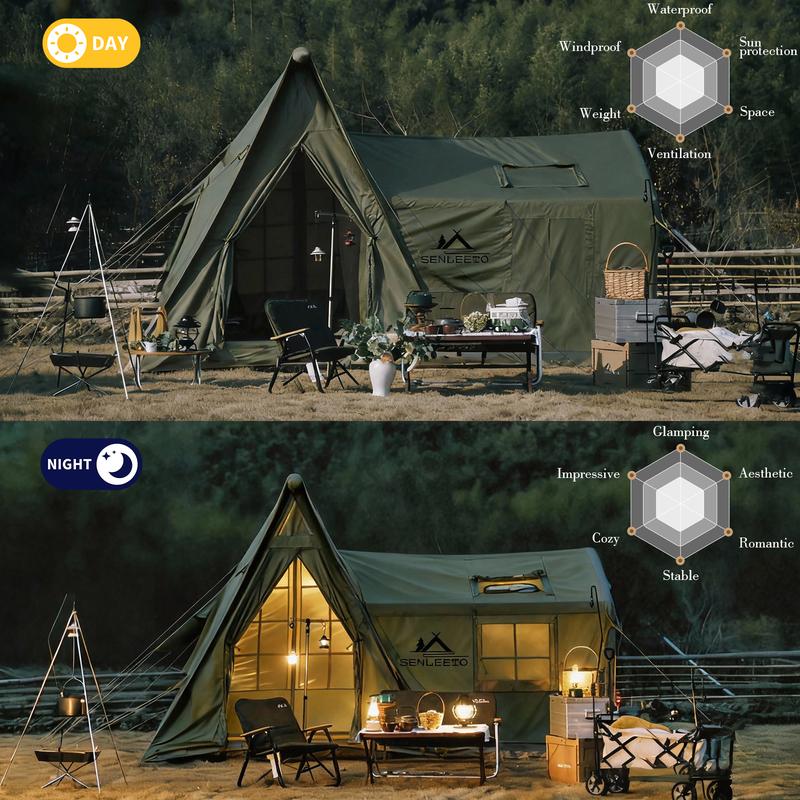 SENLEETO 4-Season Inflatable Family Tent AC Ready with Stove Jack Windproof Oxford Fabric Camping Pump for 8-10 People Spacious Two-Room Layout Foldable Electric Scooter Seat and Storage Stadium Back Support Port Heavy Duty Double Layer Cot Chair Cooler B