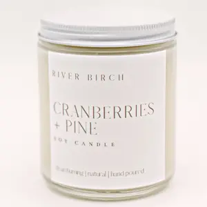 River Birch Cranberries + Pine 8.5 oz Soy Candle - Clear Glass Jar, 100% Soy Wax, Organic Cotton Wick, Natural Fragrance, Clean Burning Decor Ornament