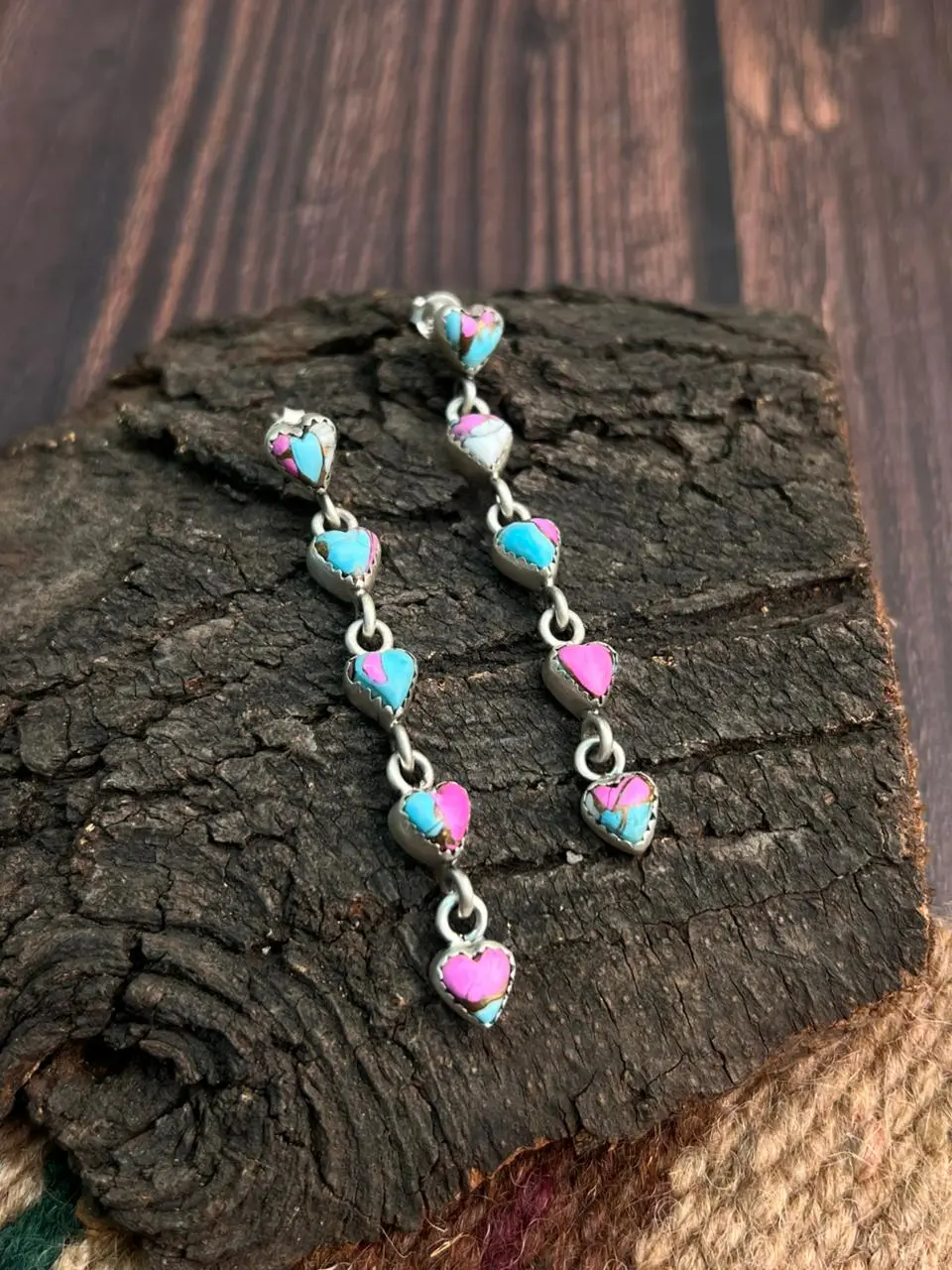 "Heart Collection" Handmade Sterling Silver Cotton Candy Post Dangle Earrings "Signed Nizhoni"