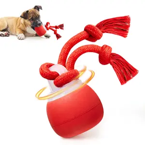 Potaroma Rechargeable Squeaky Dog Toy Ball, Touch Activated Auto Moving Ball with Chew Rope, Interactive Training Play Ball Dark Red for Small Medium Puppy Dogs