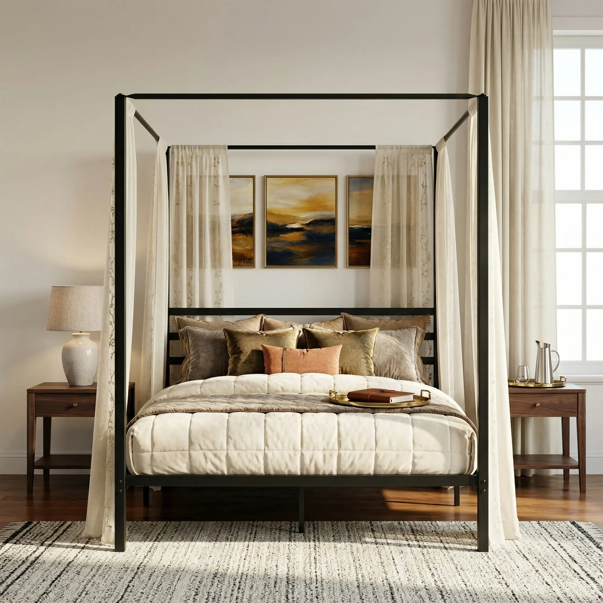 Zeny Metal Canopy Bed Frame Full Size Four-Poster Platform 800lbs Mattress Foundation W/Headboard & Under Bed Storage, No Box Spring Needed