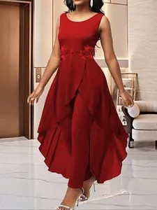 Women's 2 in 1 Contrast Lace Asymmetrical Hem Round Neck Tank Jumpsuit, Elegant Backless Zipper Back Wrap Sleeveless A Line Jumpsuit for Party Club Dating Wear, Ladies Clothes for All Seasons, Casual Jumpsuit, Summer Jumpsuit, Womenswear